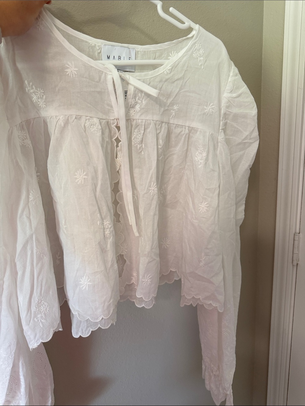 Maripe White Embroidered Tie-Neck Peasant Blouse